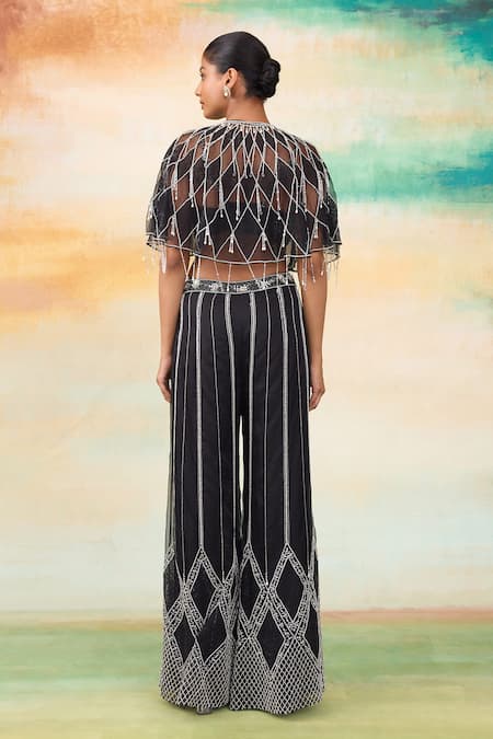 Shop SHASHA GABA Black Organza, Net Crystals, Cut Work, Pearls Embroidered Cape And Flared Pant Set at Aza Fashions Shop_SHASHA GABA_Black Organza, Net Crystals, Cut Work, Pearls Embroidered Cape And Flared Pant Set _at_Aza_Fashions