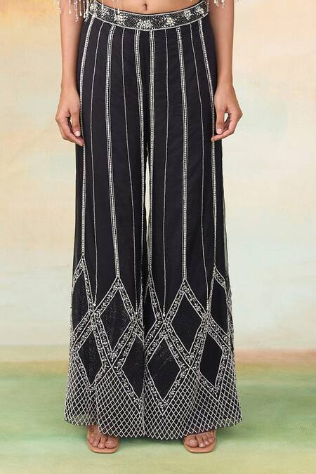 Buy SHASHA GABA Black Organza, Net Crystals, Cut Work, Pearls Embroidered Cape And Flared Pant Set Online at Aza Fashions Buy_SHASHA GABA_Black Organza, Net Crystals, Cut Work, Pearls Embroidered Cape And Flared Pant Set _Online_at_Aza_Fashions