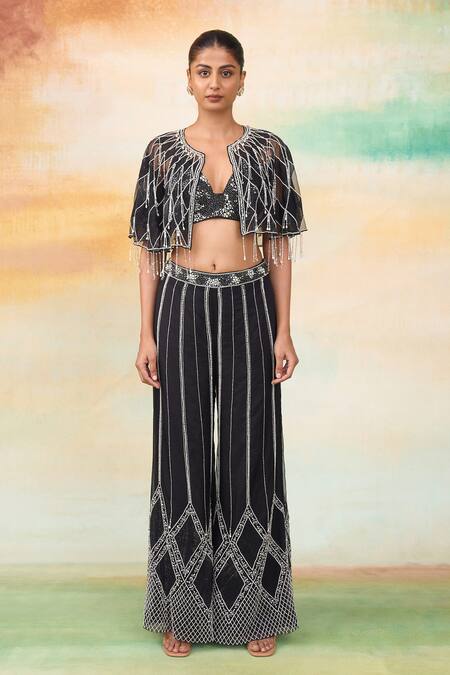Shop SHASHA GABA Black Organza, Net Crystals, Cut Work, Pearls Embroidered Cape And Flared Pant Set Online at Aza Fashions Shop_SHASHA GABA_Black Organza, Net Crystals, Cut Work, Pearls Embroidered Cape And Flared Pant Set _Online_at_Aza_Fashions