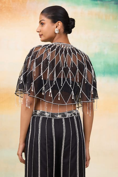 SHASHA GABA Black Organza, Net Crystals, Cut Work, Pearls Embroidered Cape And Flared Pant Set at Aza Fashions SHASHA GABA_Black Organza, Net Crystals, Cut Work, Pearls Embroidered Cape And Flared Pant Set _at_Aza_Fashions
