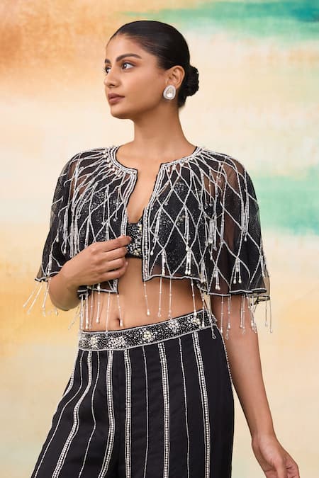 Buy SHASHA GABA Black Organza, Net Crystals, Cut Work, Pearls Embroidered Cape And Flared Pant Set Buy_SHASHA GABA_Black Organza, Net Crystals, Cut Work, Pearls Embroidered Cape And Flared Pant Set