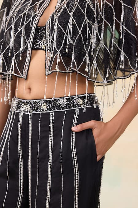 Shop SHASHA GABA Black Organza, Net Crystals, Cut Work, Pearls Embroidered Cape And Flared Pant Set Shop_SHASHA GABA_Black Organza, Net Crystals, Cut Work, Pearls Embroidered Cape And Flared Pant Set