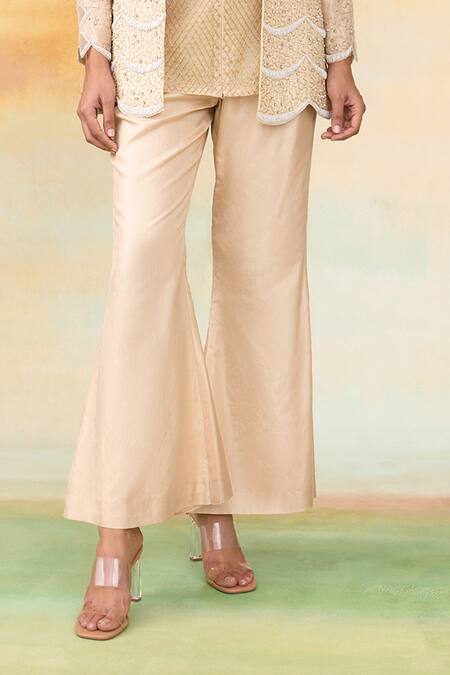 SHASHA GABA Gold Silk, Chanderi Pearls, Crystals Collared Scallop Embroidered Jacket Set Online at Aza Fashions SHASHA GABA_Gold Silk, Chanderi Pearls, Crystals Collared Scallop Embroidered Jacket Set _Online_at_Aza_Fashions