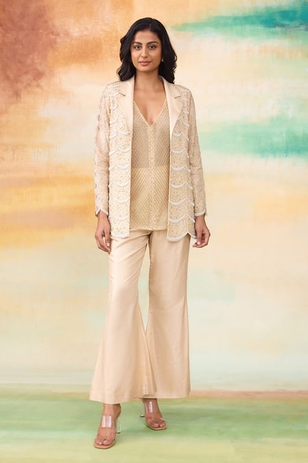 SHASHA GABA Jasmine Pearl Scallop Embroidered Jacket With Bell Bottom Pant 