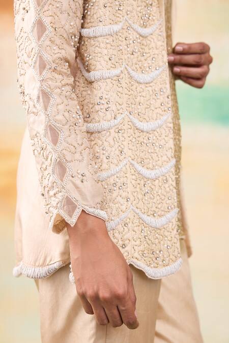 Buy SHASHA GABA Gold Silk, Chanderi Pearls, Crystals Collared Scallop Embroidered Jacket Set Online at Aza Fashions Buy_SHASHA GABA_Gold Silk, Chanderi Pearls, Crystals Collared Scallop Embroidered Jacket Set _Online_at_Aza_Fashions