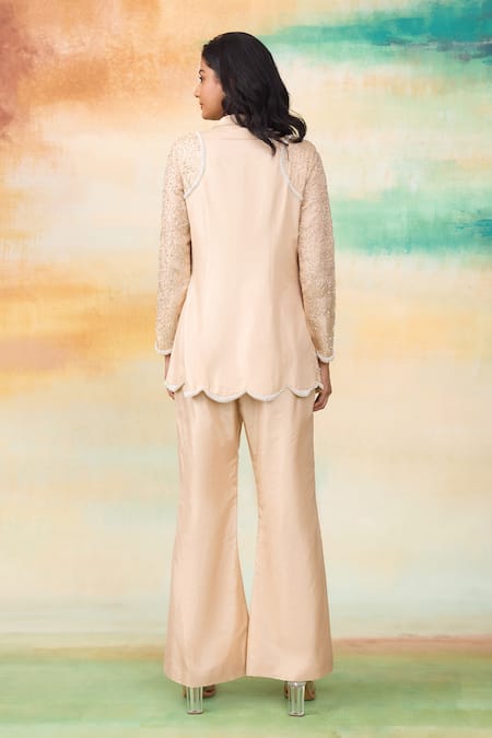 Shop SHASHA GABA Gold Silk, Chanderi Pearls, Crystals Collared Scallop Embroidered Jacket Set at Aza Fashions Shop_SHASHA GABA_Gold Silk, Chanderi Pearls, Crystals Collared Scallop Embroidered Jacket Set _at_Aza_Fashions