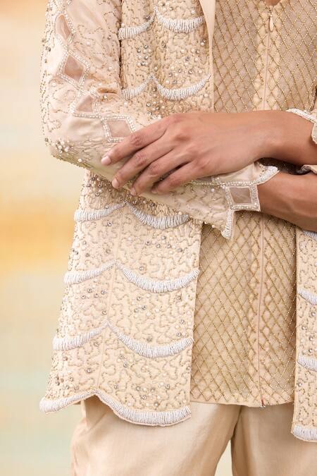 Shop SHASHA GABA Gold Silk, Chanderi Pearls, Crystals Collared Scallop Embroidered Jacket Set Online at Aza Fashions Shop_SHASHA GABA_Gold Silk, Chanderi Pearls, Crystals Collared Scallop Embroidered Jacket Set _Online_at_Aza_Fashions