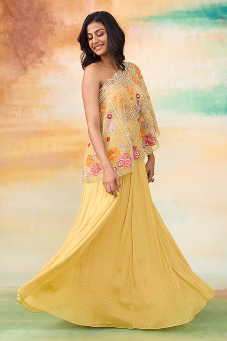 SHASHA GABA Yellow Organza, Muslin Embroidery One Shoulder Cape Top And Skirt Set Online at Aza Fashions SHASHA GABA_Yellow Organza, Muslin Embroidery One Shoulder Cape Top And Skirt Set _Online_at_Aza_Fashions
