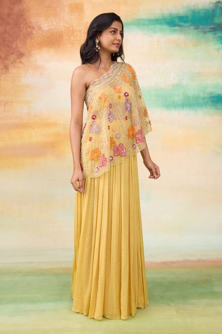 Buy SHASHA GABA Yellow Organza, Muslin Embroidery One Shoulder Cape Top And Skirt Set Online at Aza Fashions Buy_SHASHA GABA_Yellow Organza, Muslin Embroidery One Shoulder Cape Top And Skirt Set _Online_at_Aza_Fashions