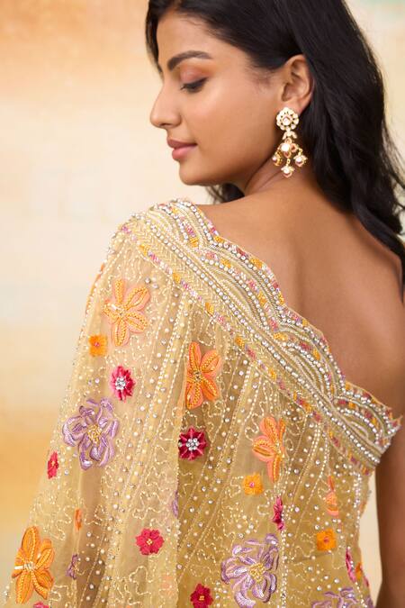 Shop SHASHA GABA Yellow Organza, Muslin Embroidery One Shoulder Cape Top And Skirt Set Online at Aza Fashions Shop_SHASHA GABA_Yellow Organza, Muslin Embroidery One Shoulder Cape Top And Skirt Set _Online_at_Aza_Fashions