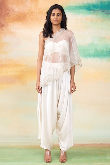 SHASHA GABA Ivory Organza, Modal Cut Work Round Neck Ditsy Embroidered One Shoulder Cape Set Online at Aza Fashions SHASHA GABA_Ivory Organza, Modal Cut Work Round Neck Ditsy Embroidered One Shoulder Cape Set _Online_at_Aza_Fashions