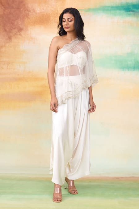 SHASHA GABA Ivory Ditsy Embroidered One Shoulder Cape Set 