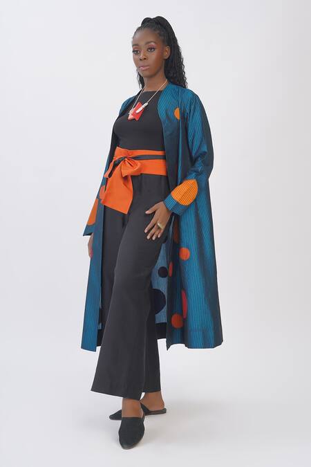 Taika By Poonam Bhagat_Blue Silk Open Neck Polka Applique Long Jacket _Online_at_Aza_Fashions