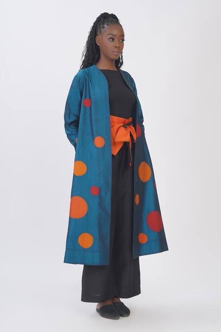 Shop_Taika By Poonam Bhagat_Blue Silk Open Neck Polka Applique Long Jacket _Online_at_Aza_Fashions