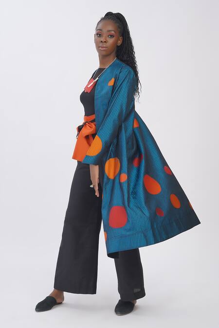 Taika By Poonam Bhagat_Blue Silk Open Neck Polka Applique Long Jacket _at_Aza_Fashions