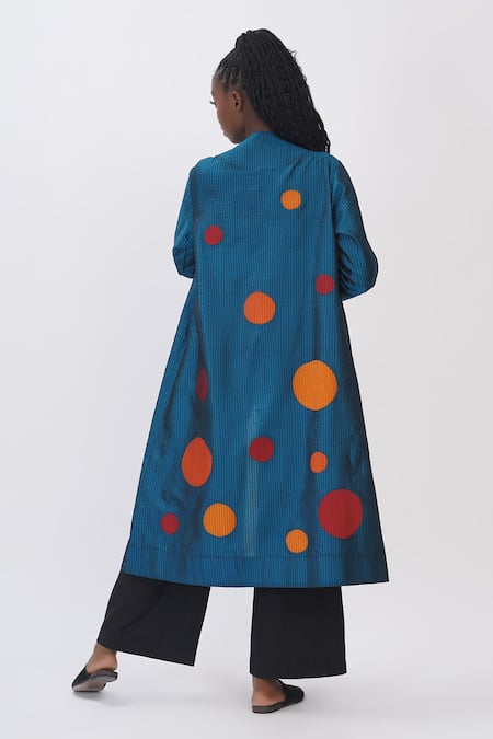 Shop_Taika By Poonam Bhagat_Blue Silk Open Neck Polka Applique Long Jacket _at_Aza_Fashions