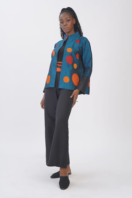 Taika By Poonam Bhagat_Blue Silk Applique Collared Aqua Polka Jacket _Online_at_Aza_Fashions
