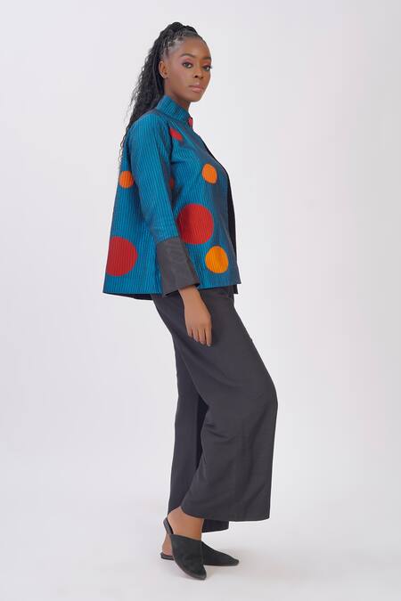 Buy Taika By Poonam Bhagat Blue Silk Applique Collared Aqua Polka Jacket Online at Aza Fashions Buy_Taika By Poonam Bhagat_Blue Silk Applique Collared Aqua Polka Jacket _Online_at_Aza_Fashions