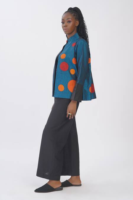 Shop_Taika By Poonam Bhagat_Blue Silk Applique Collared Aqua Polka Jacket _Online_at_Aza_Fashions