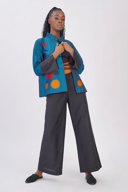 Taika By Poonam Bhagat Blue Silk Applique Collared Aqua Polka Jacket at Aza Fashions Taika By Poonam Bhagat_Blue Silk Applique Collared Aqua Polka Jacket _at_Aza_Fashions