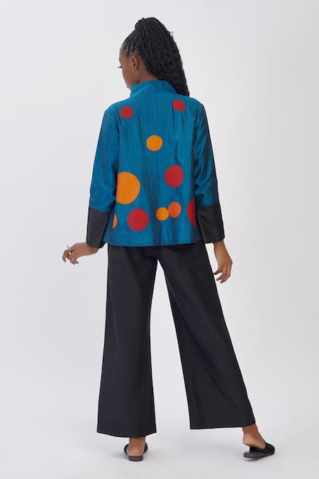 Shop Taika By Poonam Bhagat Blue Silk Applique Collared Aqua Polka Jacket at Aza Fashions Shop_Taika By Poonam Bhagat_Blue Silk Applique Collared Aqua Polka Jacket _at_Aza_Fashions