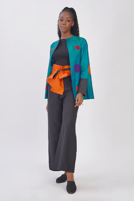 Taika By Poonam Bhagat Blue Silk Applique Open Neck Polka Dot Jacket Online at Aza Fashions Taika By Poonam Bhagat_Blue Silk Applique Open Neck Polka Dot Jacket _Online_at_Aza_Fashions