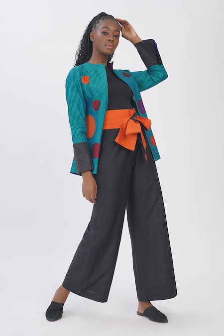 Shop_Taika By Poonam Bhagat_Blue Silk Applique Open Neck Polka Dot Jacket _Online_at_Aza_Fashions