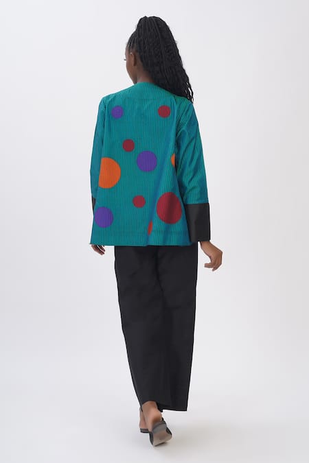 Shop_Taika By Poonam Bhagat_Blue Silk Applique Open Neck Polka Dot Jacket _at_Aza_Fashions