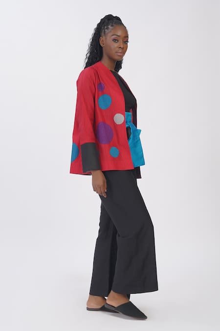 Taika By Poonam Bhagat_Red Silk Open Neck Polka Dot Applique Jacket _Online_at_Aza_Fashions