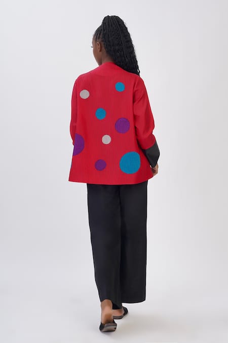 Shop Taika By Poonam Bhagat Red Silk Open Neck Polka Dot Applique Jacket at Aza Fashions Shop_Taika By Poonam Bhagat_Red Silk Open Neck Polka Dot Applique Jacket _at_Aza_Fashions