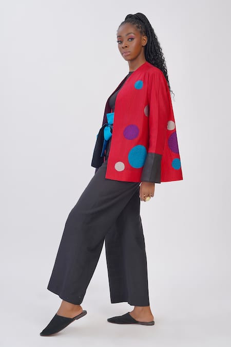 Buy Taika By Poonam Bhagat Red Silk Open Neck Polka Dot Applique Jacket Online at Aza Fashions Buy_Taika By Poonam Bhagat_Red Silk Open Neck Polka Dot Applique Jacket _Online_at_Aza_Fashions