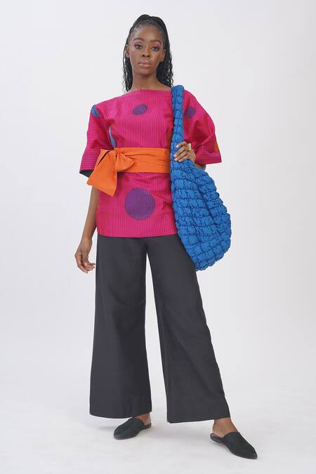 Taika By Poonam Bhagat_Pink Silk Boat Neck Hot Polka Dot Applique Kimono Top _Online_at_Aza_Fashions