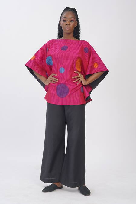 Buy_Taika By Poonam Bhagat_Pink Silk Boat Neck Hot Polka Dot Applique Kimono Top _Online_at_Aza_Fashions