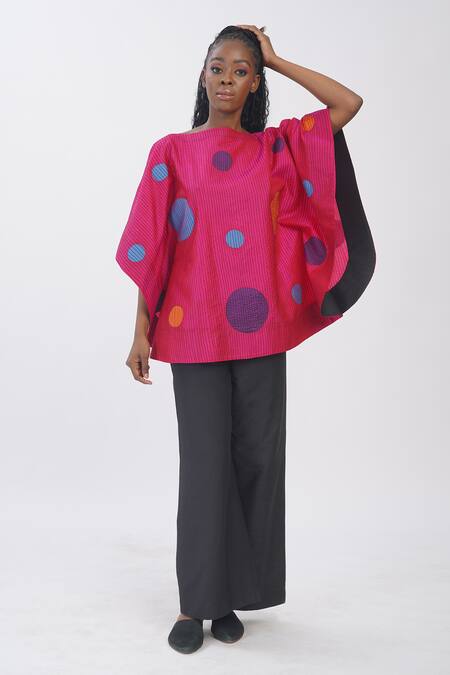 Shop_Taika By Poonam Bhagat_Pink Silk Boat Neck Hot Polka Dot Applique Kimono Top _Online_at_Aza_Fashions