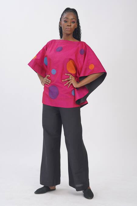 Taika By Poonam Bhagat_Pink Silk Boat Neck Hot Polka Dot Applique Kimono Top _at_Aza_Fashions