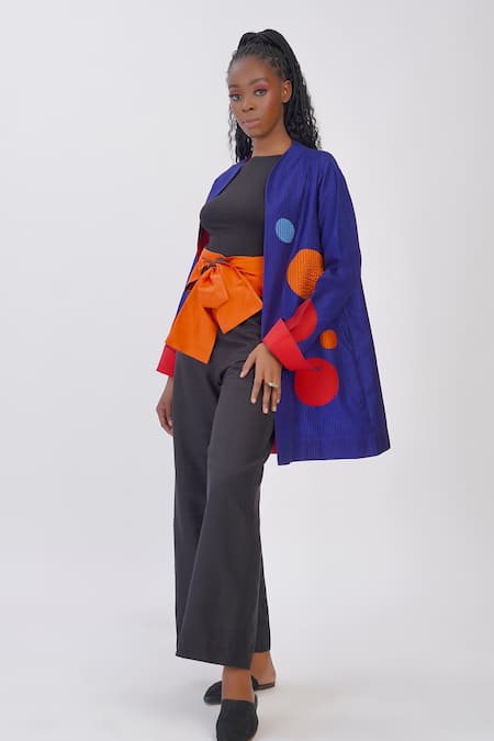 Taika By Poonam Bhagat Blue Silk Open Neck Polka Dot Applique Jacket Online at Aza Fashions Taika By Poonam Bhagat_Blue Silk Open Neck Polka Dot Applique Jacket _Online_at_Aza_Fashions