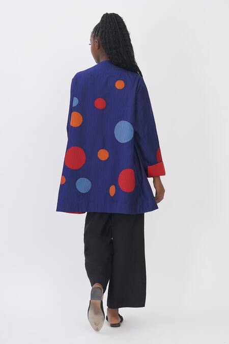 Shop_Taika By Poonam Bhagat_Blue Silk Open Neck Polka Dot Applique Jacket _at_Aza_Fashions