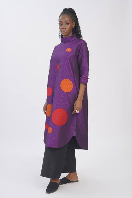 Taika By Poonam Bhagat_Purple Silk Applique High Neck Polka Kurta _Online_at_Aza_Fashions