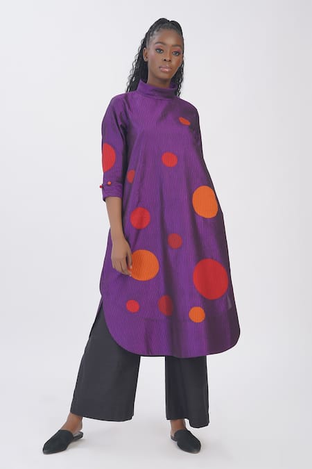 Buy_Taika By Poonam Bhagat_Purple Silk Applique High Neck Polka Kurta _Online_at_Aza_Fashions