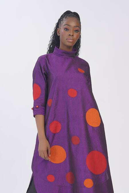 Shop Taika By Poonam Bhagat Purple Silk Applique High Neck Polka Kurta Online at Aza Fashions Shop_Taika By Poonam Bhagat_Purple Silk Applique High Neck Polka Kurta _Online_at_Aza_Fashions