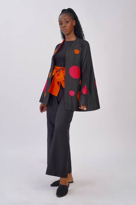 Taika By Poonam Bhagat Black Silk Applique Open Neck Polka Jacket Online at Aza Fashions Taika By Poonam Bhagat_Black Silk Applique Open Neck Polka Jacket _Online_at_Aza_Fashions