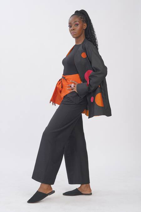 Buy_Taika By Poonam Bhagat_Black Silk Applique Open Neck Polka Jacket _Online_at_Aza_Fashions