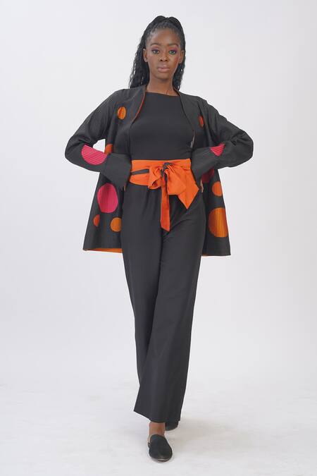 Shop_Taika By Poonam Bhagat_Black Silk Applique Open Neck Polka Jacket _Online_at_Aza_Fashions