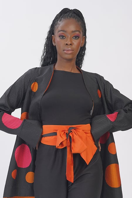 Taika By Poonam Bhagat Black Silk Applique Open Neck Polka Jacket at Aza Fashions Taika By Poonam Bhagat_Black Silk Applique Open Neck Polka Jacket _at_Aza_Fashions