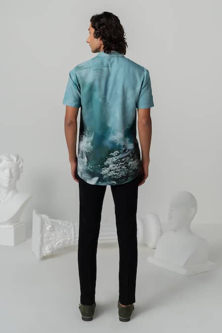 Shop_Varun Chakkilam_Blue Crepe Aquamarine Mystic Sakura Print Shirt _at_Aza_Fashions