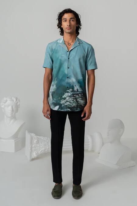 Varun Chakkilam_Blue Crepe Aquamarine Mystic Sakura Print Shirt _Online_at_Aza_Fashions