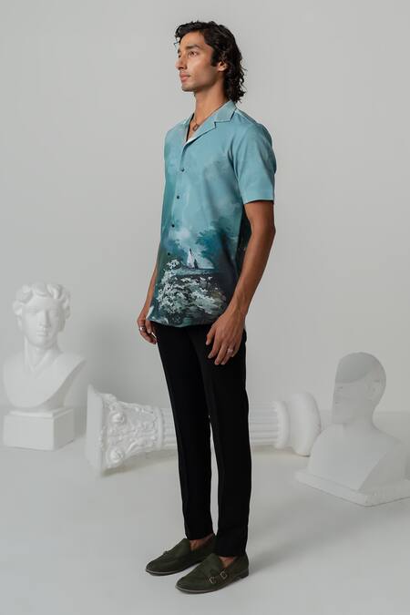 Buy_Varun Chakkilam_Blue Crepe Aquamarine Mystic Sakura Print Shirt _Online_at_Aza_Fashions