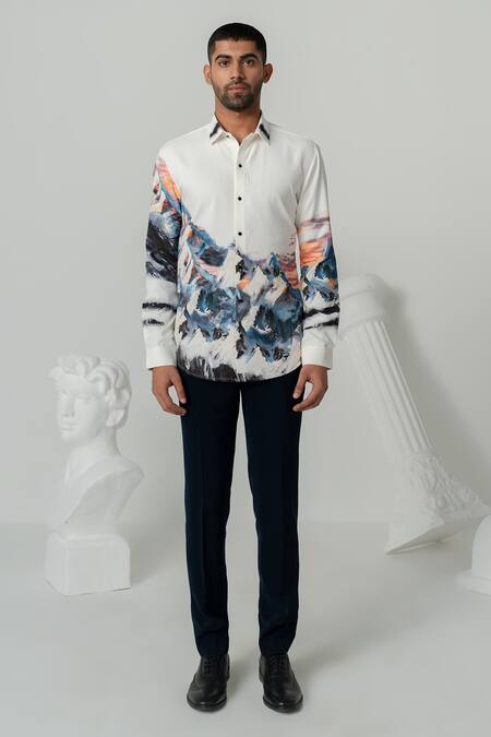 Buy_Varun Chakkilam_White Polyester Mountain Peak Print Casual Shirt _Online_at_Aza_Fashions