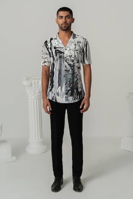 Varun Chakkilam_White Crepe Bloom Print Half Sleeves Shirt _Online_at_Aza_Fashions