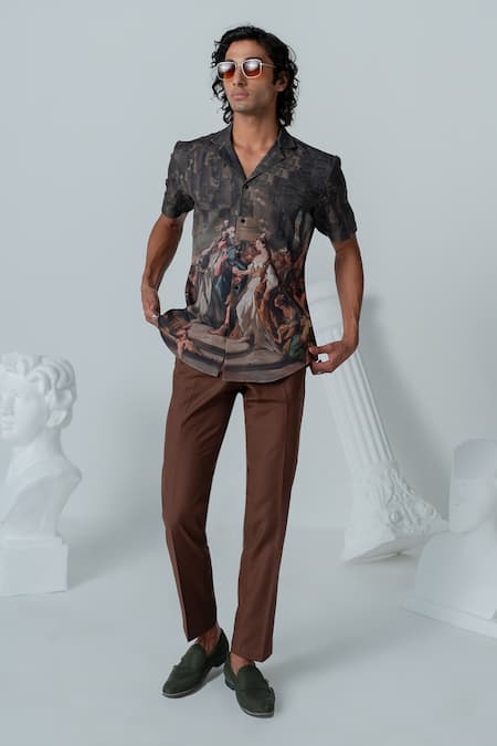 Shop Varun Chakkilam Brown Crepe Turkish Coffee Canvas Art Shirt Online at Aza Fashions Shop_Varun Chakkilam_Brown Crepe Turkish Coffee Canvas Art Shirt _Online_at_Aza_Fashions